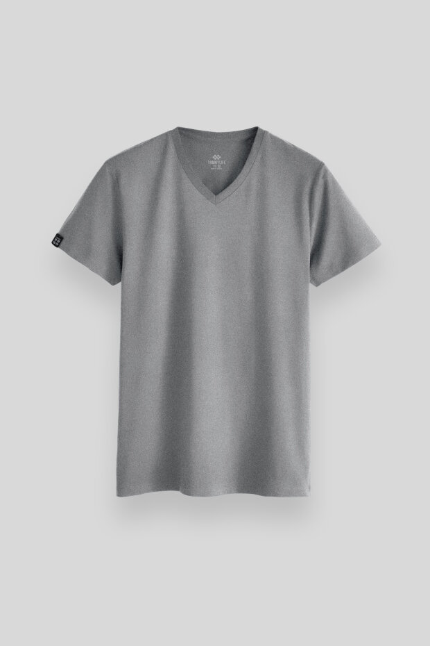 Gri Melanj Basic Kısa Kol Standart Kalıp V Yaka Erkek T-Shirt - 87912 - 1