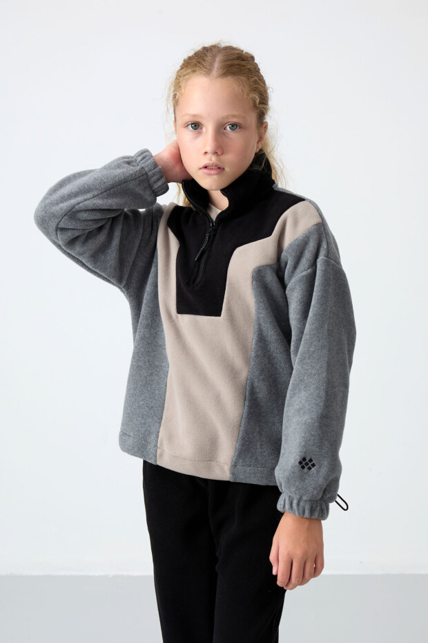 Gri Melanj Kalın Yumuşak Dokulu Rahat Form Nakışlı Polar Kız Çocuk Sweatshirt - 75153 - 3