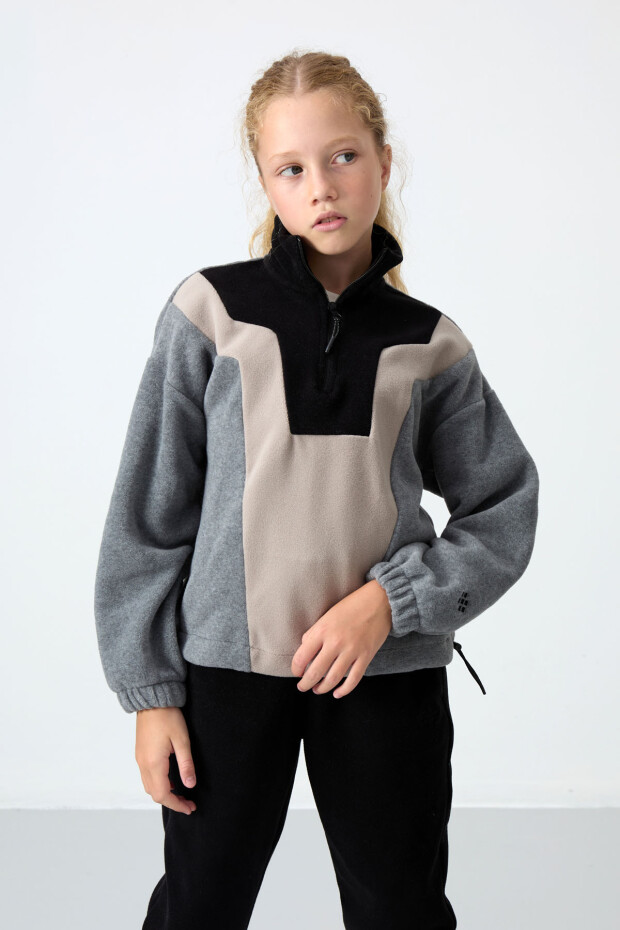 Gri Melanj Kalın Yumuşak Dokulu Rahat Form Nakışlı Polar Kız Çocuk Sweatshirt - 75153 - 1
