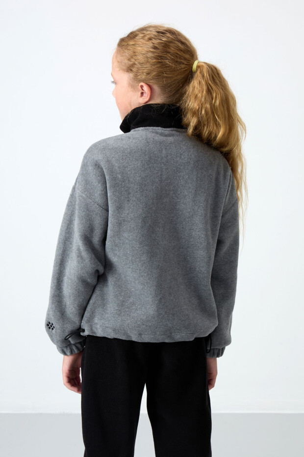 Gri Melanj Kalın Yumuşak Dokulu Rahat Form Nakışlı Polar Kız Çocuk Sweatshirt - 75153 - 5