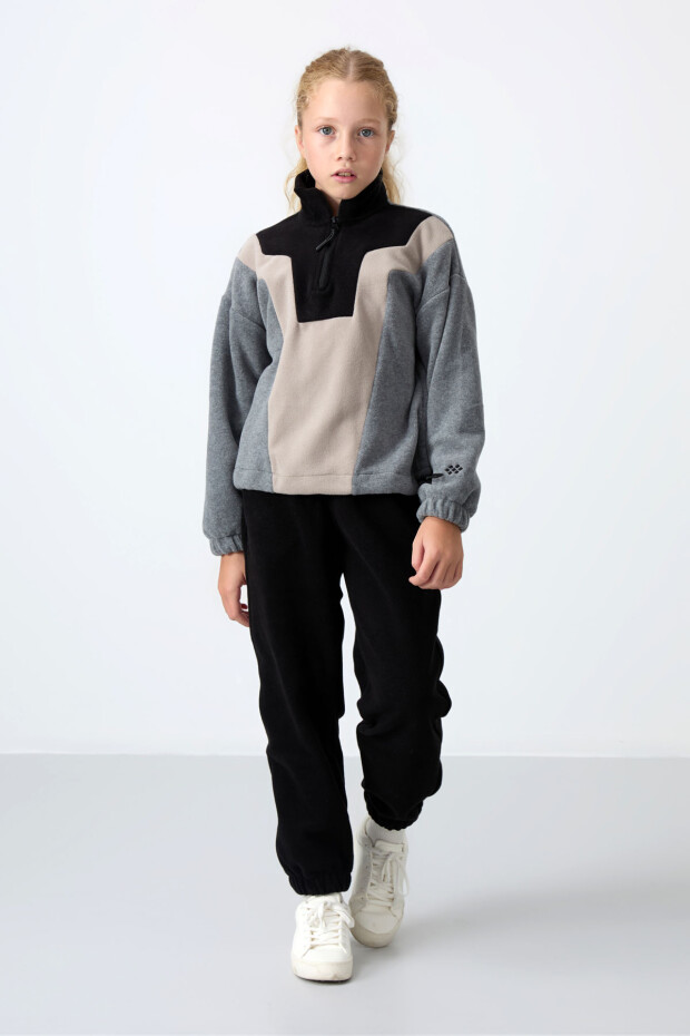 Gri Melanj Kalın Yumuşak Dokulu Rahat Form Nakışlı Polar Kız Çocuk Sweatshirt - 75153 - 2
