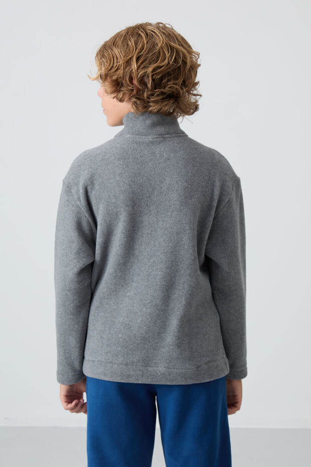Gri Melanj Kalın Yumuşak Dokulu Standart Fit Nakışlı Polar Erkek Çocuk Sweatshirt - 11221 - 5