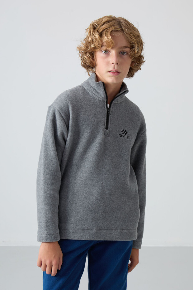 Gri Melanj Kalın Yumuşak Dokulu Standart Fit Nakışlı Polar Erkek Çocuk Sweatshirt - 11221 - 4