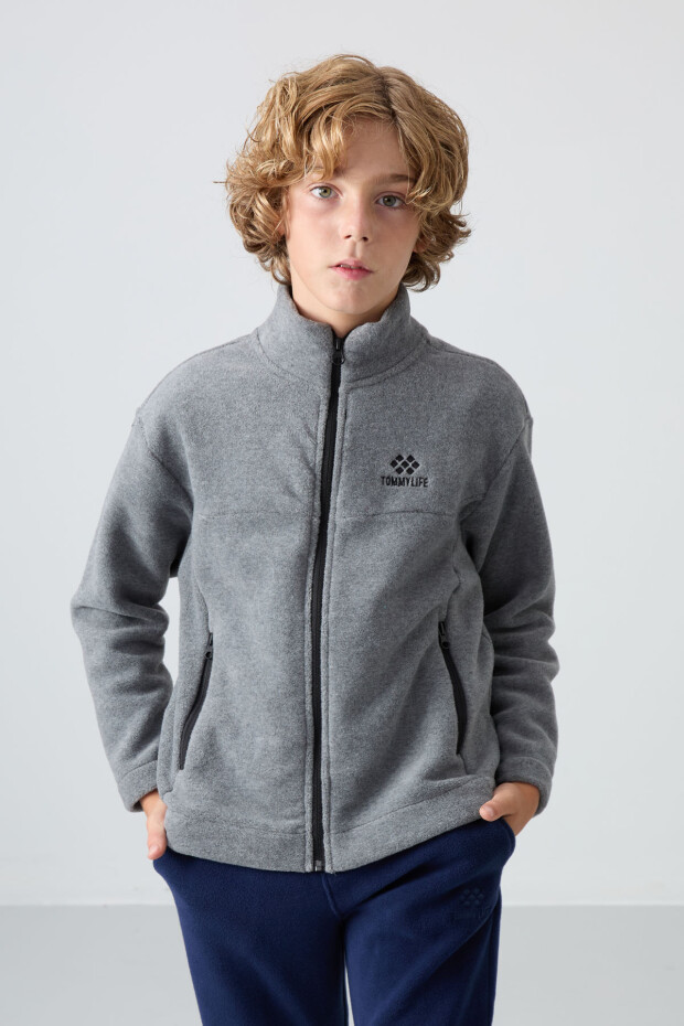 Gri Melanj Kalın Yumuşak Dokulu Standart Fit Nakışlı Polar Erkek Çocuk Sweatshirt - 11223 - 3