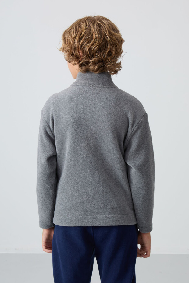 Gri Melanj Kalın Yumuşak Dokulu Standart Fit Nakışlı Polar Erkek Çocuk Sweatshirt - 11223 - 5