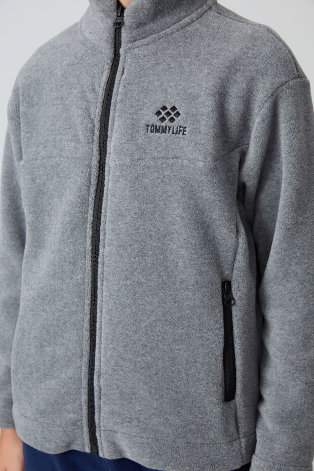 Gri Melanj Kalın Yumuşak Dokulu Standart Fit Nakışlı Polar Erkek Çocuk Sweatshirt - 11223 - 2