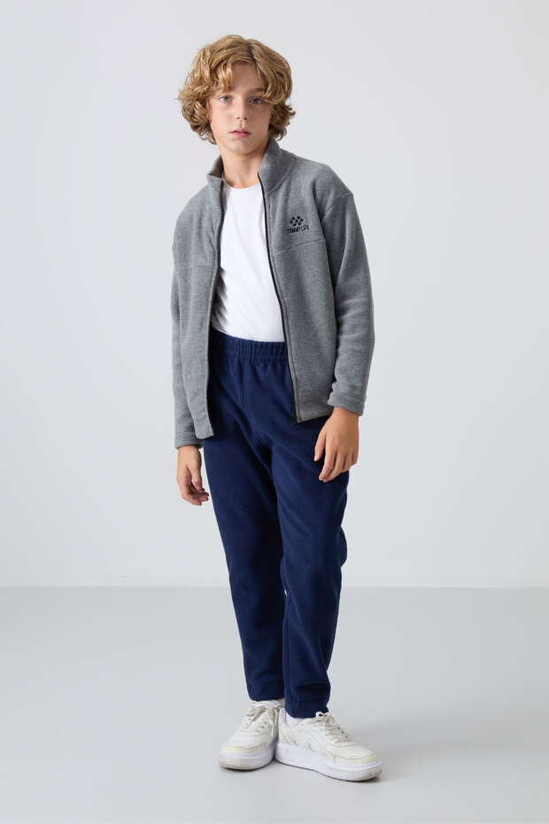 Gri Melanj Kalın Yumuşak Dokulu Standart Fit Nakışlı Polar Erkek Çocuk Sweatshirt - 11223 - 4