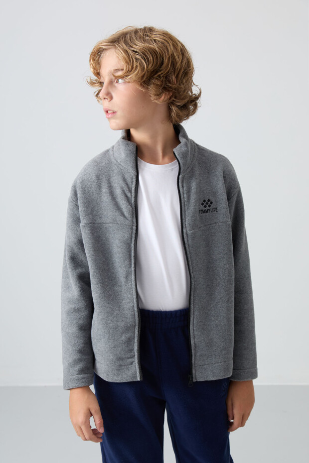 Gri Melanj Kalın Yumuşak Dokulu Standart Fit Nakışlı Polar Erkek Çocuk Sweatshirt - 11223 - 1