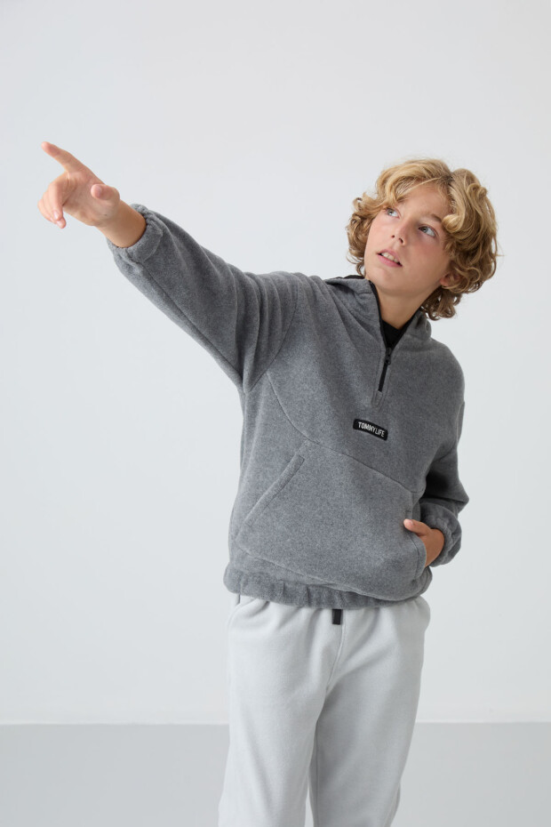 Gri Melanj Kalın Yumuşak Dokulu Standart Fit Nakışlı Polar Erkek Çocuk Sweatshirt - 11230 - 2
