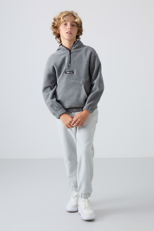 Gri Melanj Kalın Yumuşak Dokulu Standart Fit Nakışlı Polar Erkek Çocuk Sweatshirt - 11230 - 4