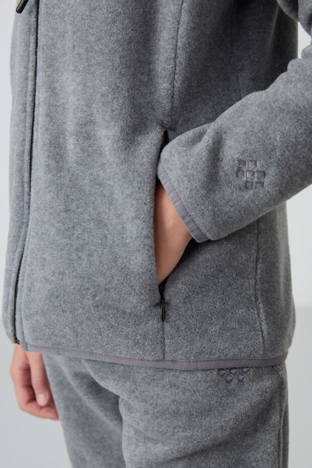 Gri Melanj Kalın Yumuşak Dokulu Standart Fit Nakışlı Polar Kız Çocuk Sweatshirt - 75154 - 2