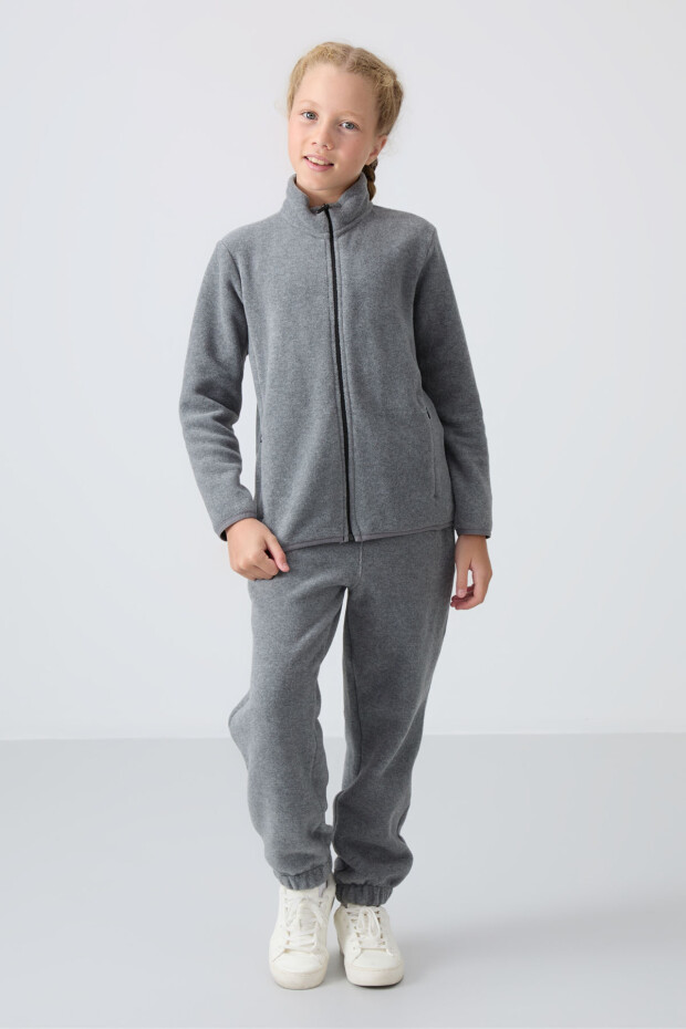 Gri Melanj Kalın Yumuşak Dokulu Standart Fit Nakışlı Polar Kız Çocuk Sweatshirt - 75154 - 3