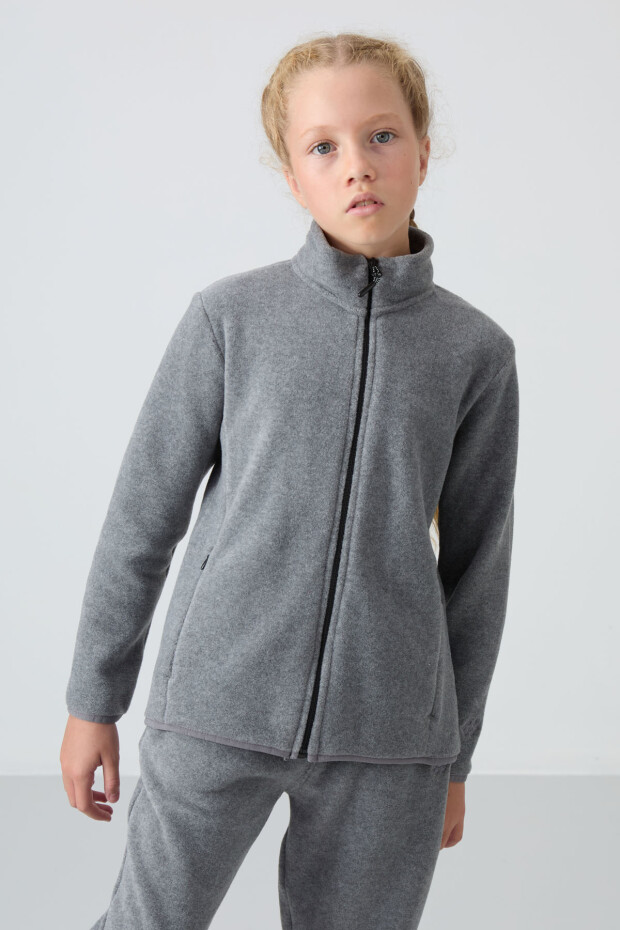 Gri Melanj Kalın Yumuşak Dokulu Standart Fit Nakışlı Polar Kız Çocuk Sweatshirt - 75154 - 4
