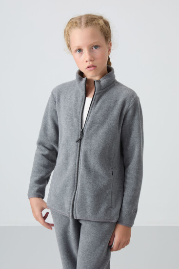 Gri Melanj Kalın Yumuşak Dokulu Standart Fit Nakışlı Polar Kız Çocuk Sweatshirt - 75154 