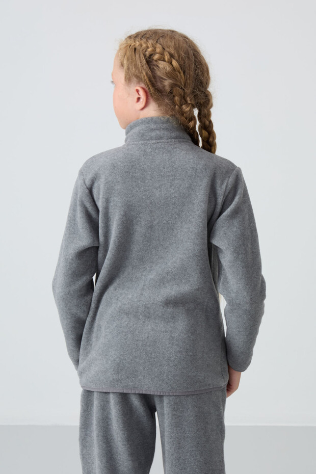 Gri Melanj Kalın Yumuşak Dokulu Standart Fit Nakışlı Polar Kız Çocuk Sweatshirt - 75154 - 5