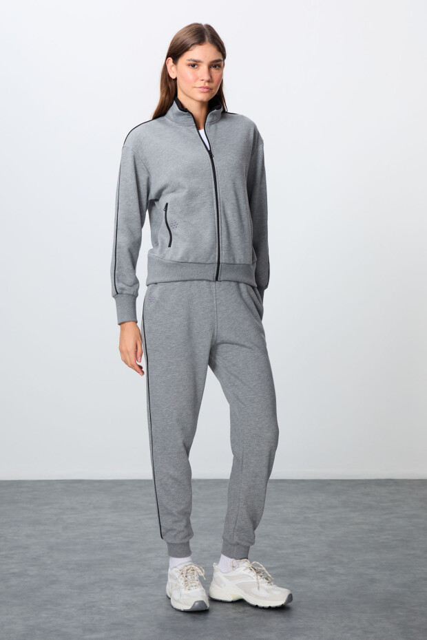 Gri Melanj Kompakt Pamuklu Kalın Pürüzsüz Dokulu Dik Yaka Oversize Fit Kadın Eşofman Takım - 95340 - 5