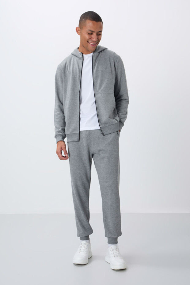 Gri Melanj Kompakt Pamuklu Kalın Pürüzsüz Dokulu Kapüşonlu Comfort Fit Erkek Eşofman Takım - 85262 - 2