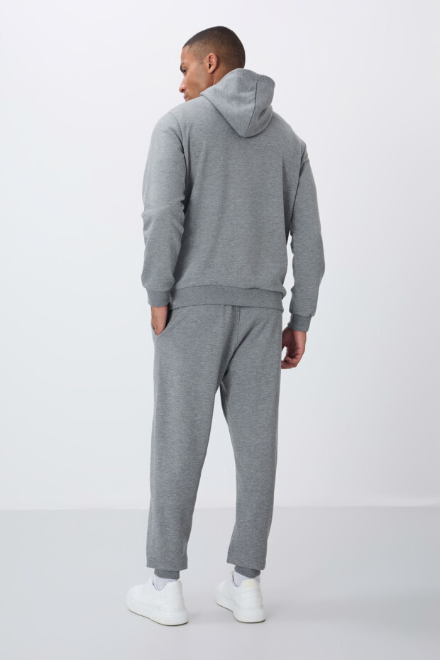 Gri Melanj Kompakt Pamuklu Kalın Pürüzsüz Dokulu Kapüşonlu Comfort Fit Erkek Eşofman Takım - 85262 - 7
