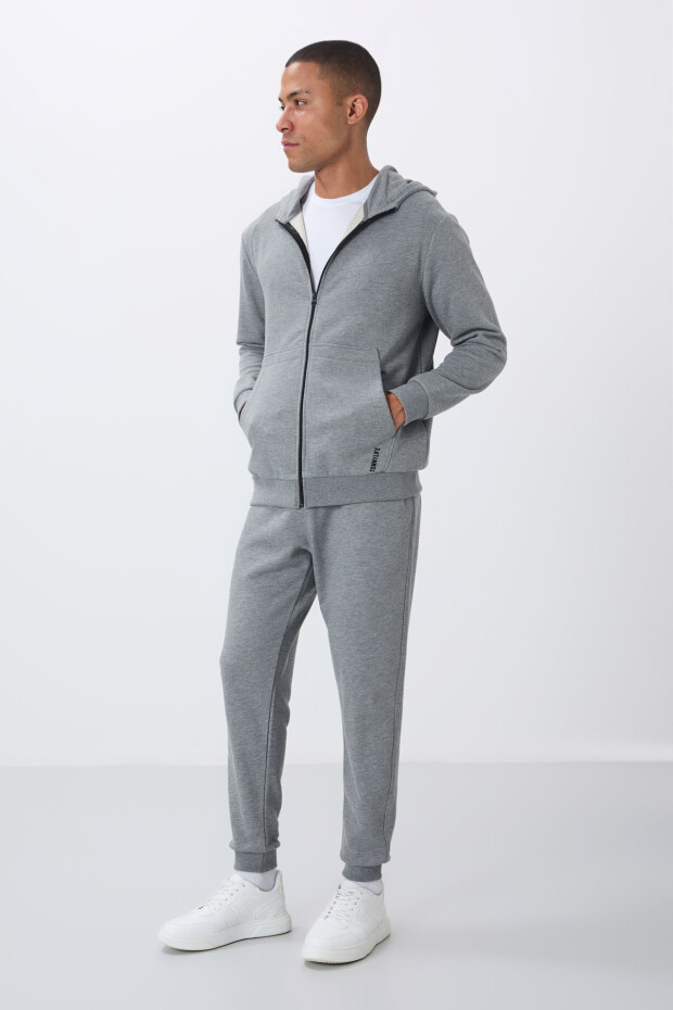 Gri Melanj Kompakt Pamuklu Kalın Pürüzsüz Dokulu Kapüşonlu Comfort Fit Erkek Eşofman Takım - 85262 - 5