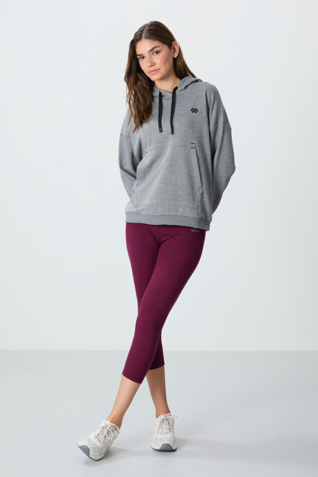 Gri Melanj Kompakt Pamuklu Kalın Pürüzsüz Dokulu Kapüşonlu Rahat Form Fit Kadın Sweatshirt - 97291 - 3