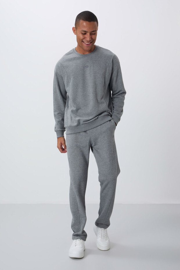 Gri Melanj Kompakt Pamuklu Kalın Pürüzsüz Dokulu O Yaka Comfort Fit Erkek Eşofman Takım -85263 - 4