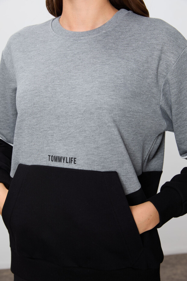 Gri Melanj Kompakt Pamuklu Kalın Pürüzsüz Dokulu O Yaka Standart Kalıp Kadın Sweatshirt - 97289 - 3