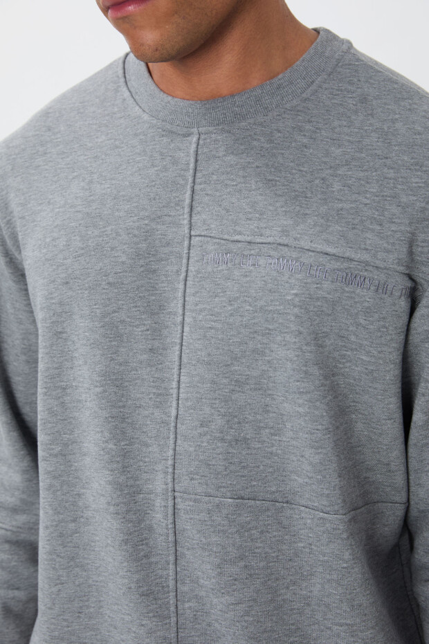 Gri Melanj Kompakt Pamuklu Kalın Pürüzsüz Dokulu O Yaka Standart Fit Erkek Sweatshirt -88405 - 2