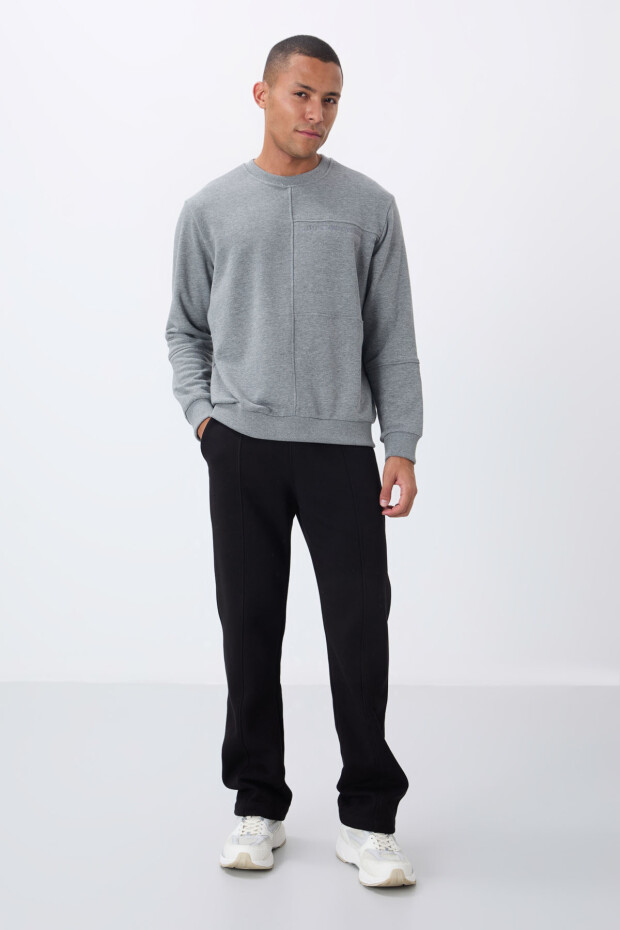 Gri Melanj Kompakt Pamuklu Kalın Pürüzsüz Dokulu O Yaka Standart Fit Erkek Sweatshirt -88405 - 3
