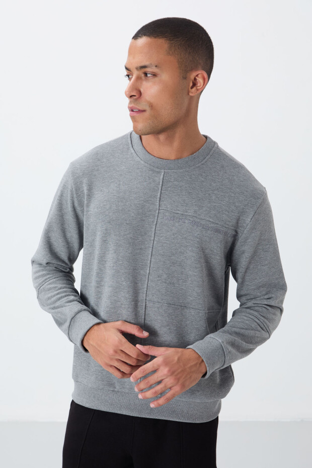 Gri Melanj Kompakt Pamuklu Kalın Pürüzsüz Dokulu O Yaka Standart Fit Erkek Sweatshirt -88405 - 4
