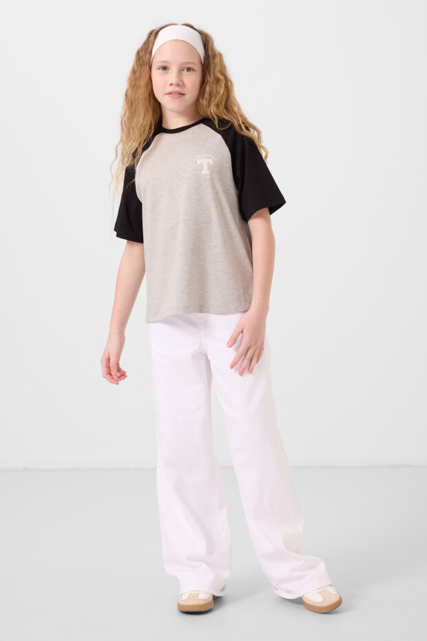 Gri Melanj O Yaka Pamuklu Baskılı Rahat Form Fit Kız Çocuk T-Shirt - 75179 - 3