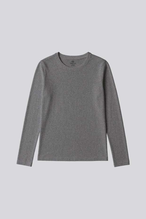 Gri Melanj O Yaka Standart Fit Uzun Kollu Basic Kadın T-Shirt - 97312 - 2