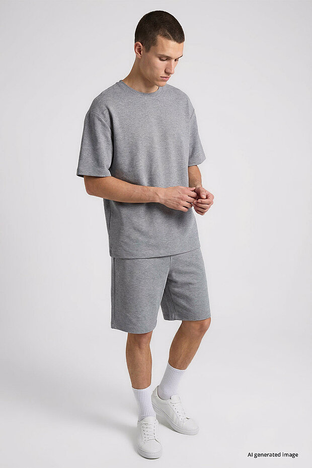 Gri Melanj Oversize Fit Basic Erkek Şort Takım - 85292 - 4