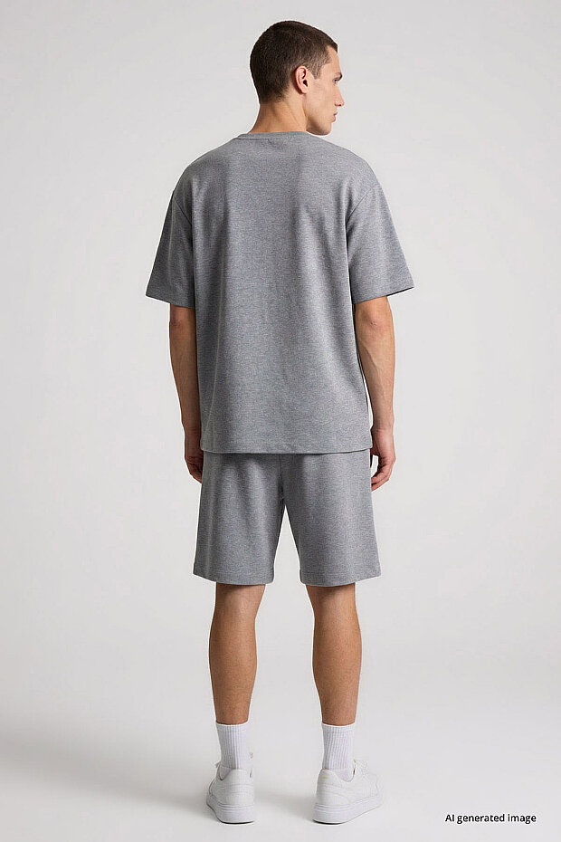 Gri Melanj Oversize Fit Basic Erkek Şort Takım - 85292 - 7