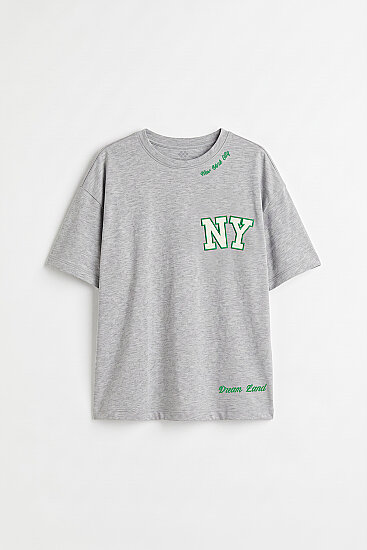 Gri Melanj Rahat Form Kısa Kollu Baskılı Kız Çocuk T-Shirt - 75174 