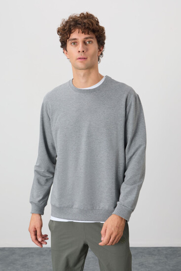 Gri Melanj Pamuk Yumuşak Dokulu Standart Fit Basic Erkek Sweatshirt - 88363 