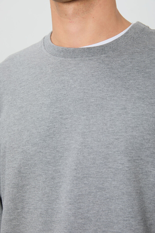 Gri Melanj Pamuk Yumuşak Dokulu Standart Fit Basic Erkek Sweatshirt - 88363 - 2