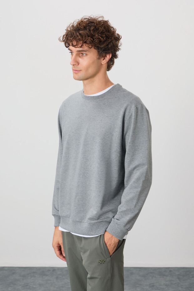 Gri Melanj Pamuk Yumuşak Dokulu Standart Fit Basic Erkek Sweatshirt - 88363 - 4