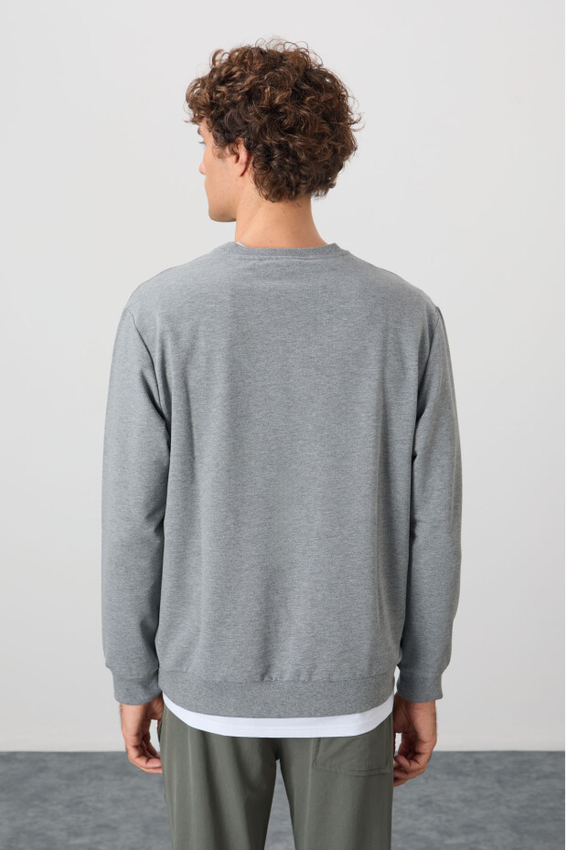 Gri Melanj Pamuk Yumuşak Dokulu Standart Fit Basic Erkek Sweatshirt - 88363 - 5