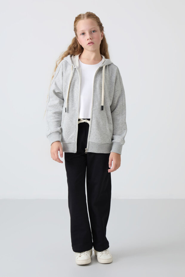 Gri Melanj Pamuklu İçi Tüylü Yumuşak Dokulu Standart Fit Nakışlı Kız Çocuk Sweatshirt - 75149 - 3