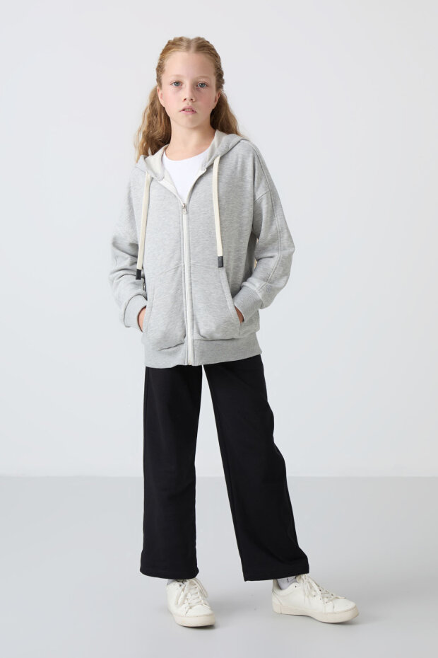 Gri Melanj Pamuklu İçi Tüylü Yumuşak Dokulu Standart Fit Nakışlı Kız Çocuk Sweatshirt - 75149 - 1