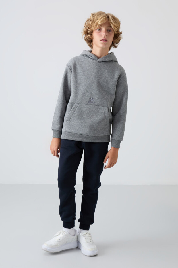 Gri Melanj Pamuklu Kalın İçi Tüylü Standart Fit Baskılı Erkek Çocuk Sweatshirt - 11215 - 2