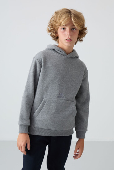 Gri Melanj Pamuklu Kalın İçi Tüylü Standart Fit Baskılı Erkek Çocuk Sweatshirt - 11215 