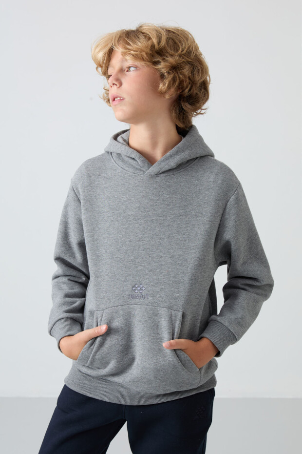 Gri Melanj Pamuklu Kalın İçi Tüylü Standart Fit Baskılı Erkek Çocuk Sweatshirt - 11215 - 4