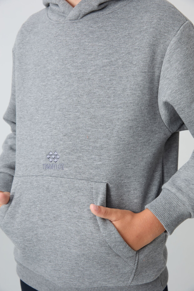 Gri Melanj Pamuklu Kalın İçi Tüylü Standart Fit Baskılı Erkek Çocuk Sweatshirt - 11215 - 3