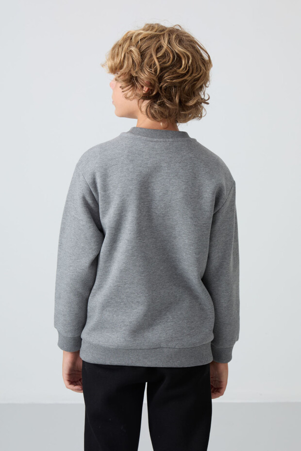 Gri Melanj Pamuklu Kalın İçi Tüylü Standart Fit Baskılı Erkek Çocuk Sweatshirt - 11216 - 5
