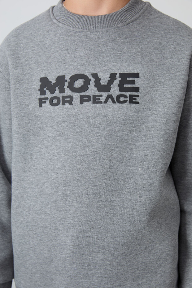 Gri Melanj Pamuklu Kalın İçi Tüylü Standart Fit Baskılı Erkek Çocuk Sweatshirt - 11216 - 3