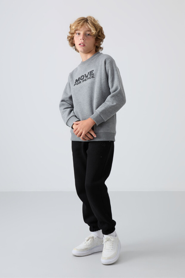 Gri Melanj Pamuklu Kalın İçi Tüylü Standart Fit Baskılı Erkek Çocuk Sweatshirt - 11216 - 2