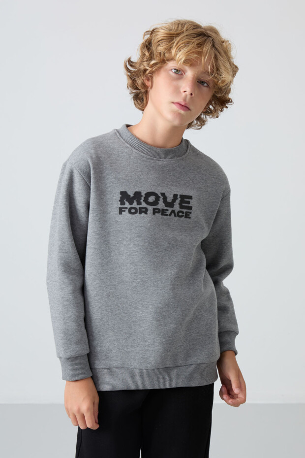 Gri Melanj Pamuklu Kalın İçi Tüylü Standart Fit Baskılı Erkek Çocuk Sweatshirt - 11216 - 4
