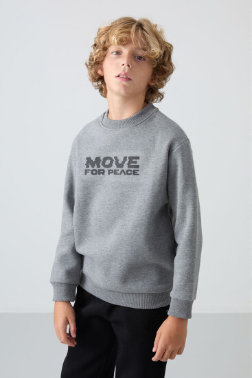 Gri Melanj Pamuklu Kalın İçi Tüylü Standart Fit Baskılı Erkek Çocuk Sweatshirt - 11216 