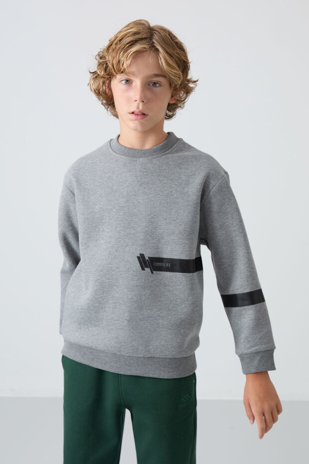 Gri Melanj Pamuklu Kalın İçi Tüylü Standart Fit Baskılı Erkek Çocuk Sweatshirt - 11238 - 1